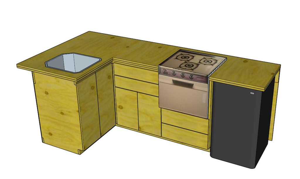 SketchUp preview of the tiny cabin kitchenette design