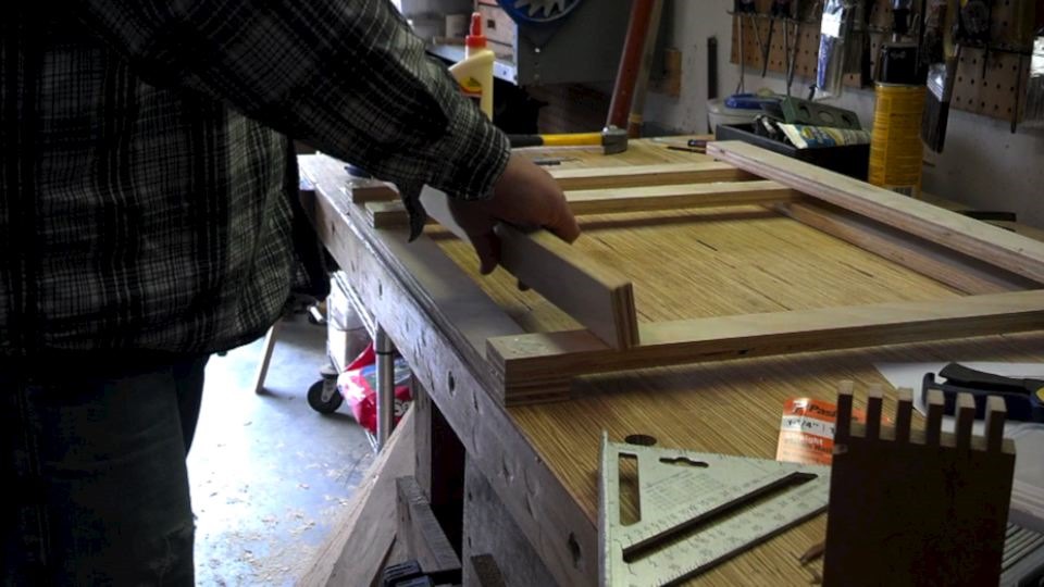 Single sheet plywood desk during assembly