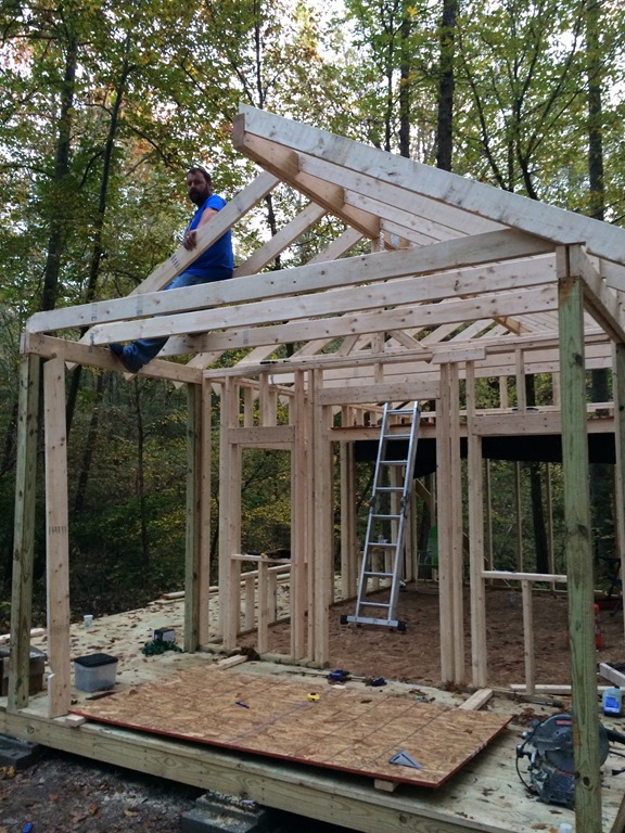 Rafters going up on the tiny cabin